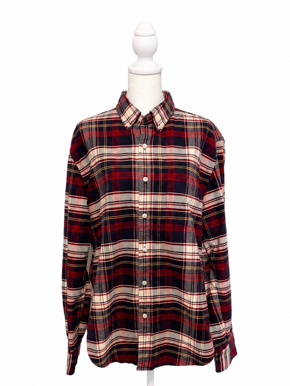 J. Crew Men's Red Navy and Cream Plaid Button-Down Shirt